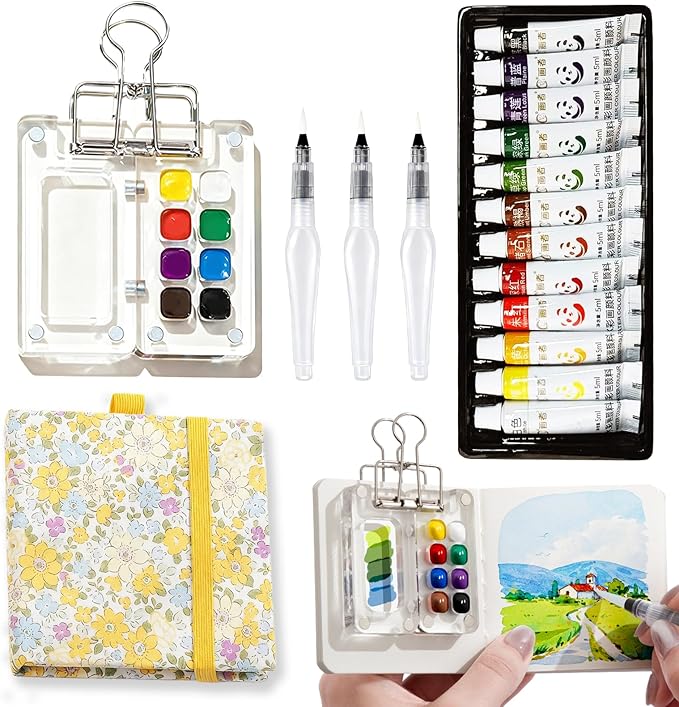 Mini Portable Watercolor Palette Set-Grid Paint Box with Binder Clips Include 12 Colors Paint - Brush*3 and Picture Album Art Materials Coloring Markers (Yellow Acrylic-S)