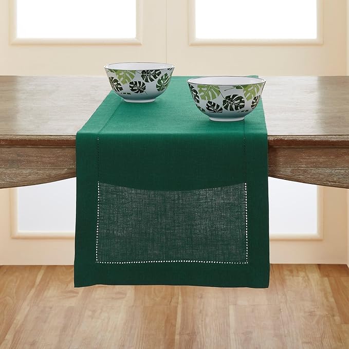 Solino Home Linen Rainforest Green Hemstitch Table Runner 60 Inches - 100% Pure Linen Small Table Runner 14 x 60 Inch Ideal for Dresser and Coffee Tables, St Patricks Day - Classic Hemstitch