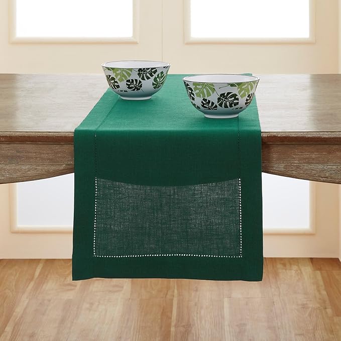 Solino Home Linen Rainforest Green Table Runner 90 Inches Long - 100% Pure Linen Hemstitch 14 x 90 Inch Table Runner for Dining, St Patricks Day - Classic Hemstitch