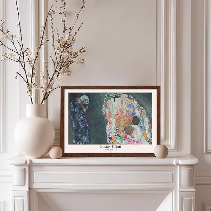 Poster Master Vintage Gustav Klimt Poster - Retro Death and Life Print - Art Nouveau - Symbolism Art - Abstract Art - Aesthetic Art - Classic Painting - Living Room Decor - 8x10 Brown Framed