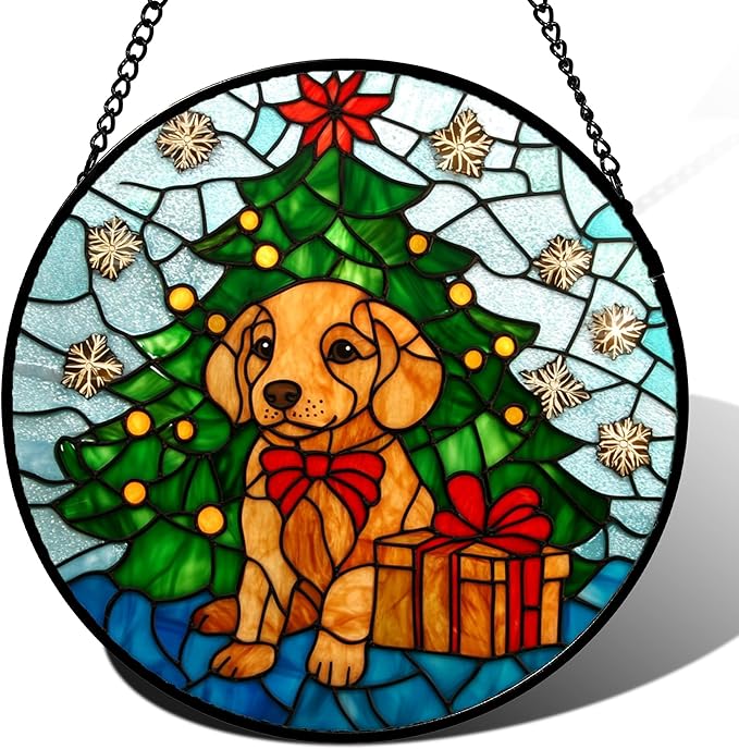 Stained Glass Window Hanging Green Christmas Tree Snowflake Dog 6.3" - Suncatcher Door Garden Sun Catcher Xmas Holiday Decor Birthday for Mom Men Woman Friend Nana