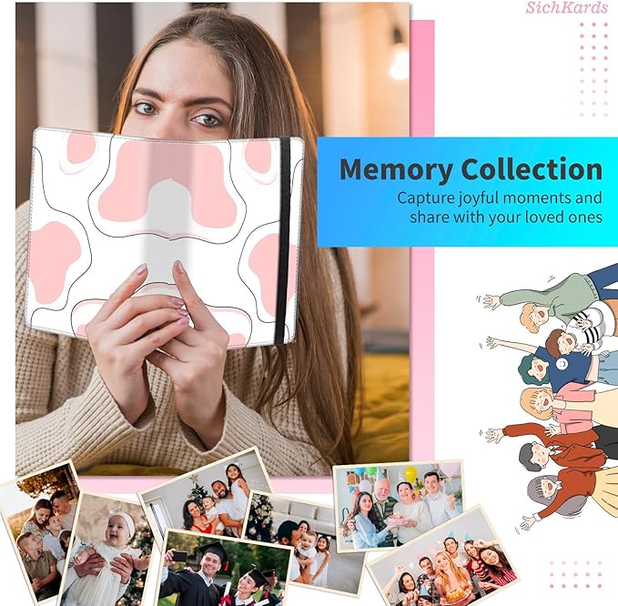 Photo Album 4x6-120 Photos Capacity,PU Leather Cover with Elastic Band,High Definition Waterproof PP Pages for Family Wedding Anniversary Baby Record,Pink cow