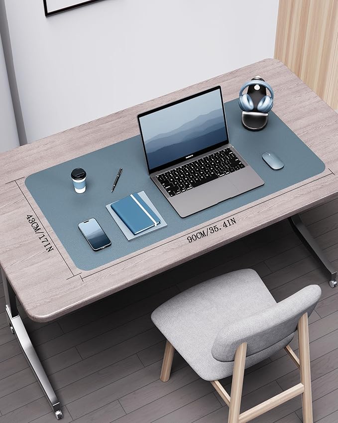 YSAGi Double-Sided Desk Pad, 35.4"x17"Leather Desk Mat, Eco Cork Desk Pad Protector,Large Mouse Pad,Waterproof Desk Blotter for Office/Home(Blue Grey)
