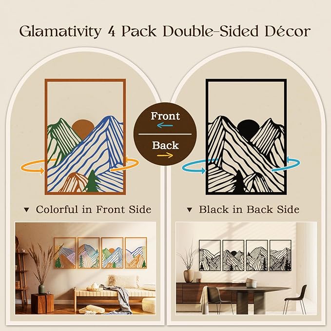 Glamativity 4 Pcs Colorful And Black Double-Sided Abstract Mountain Metal Wall Art, Mountain Line Art Decor, 3D Textured Minimalist Wall Decor, Rustic Nature Wall Decor for Living Room, Bedroom, Study