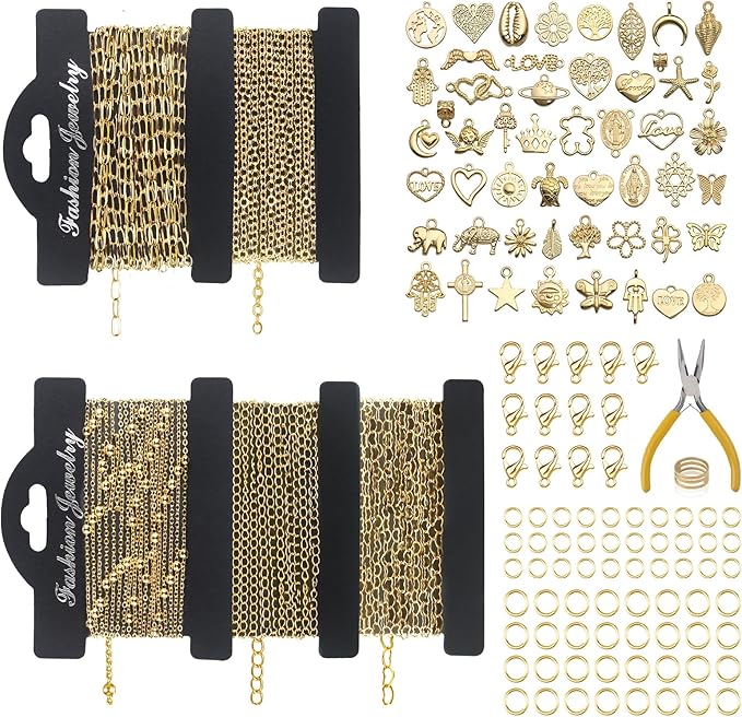 14k Gold Necklace Chain for Jewelry Making, 16.6 Feet Total (5 Rolls) DIY Bracelet Chains with 300 Jump Rings, 50 Lobster Clasps, 1 Jewelry Pliers,1 Support Ring and 50 Pendants