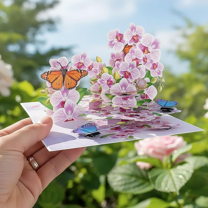 Greeting Card Purple Orchid with Butterflies 3D Pop-Up Cards Handmade Birthday Flower Gift for Women, Mom, Wife, Men 6x8 Inches Aniversary Wedding Christmas Gifts Floral