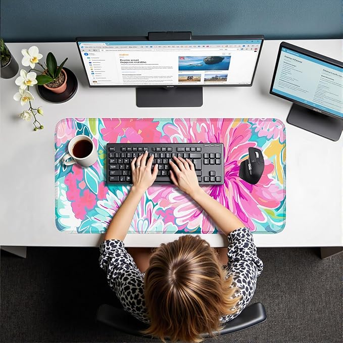 Chinoiserie Watercolor Floral Desk Mat - Pink Flower & Teal Leaves Large Mouse pad - XXL Non-Slip Desk Pad for Laptop, Vibrant Office Decor，Gaming Setup, Study Writing Mat 31.5x15.7in