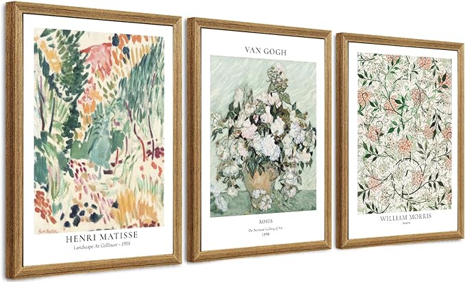 Fantasy Artists Framed Colorful Wall Art Set of 3 Impressionism Henri Matisse Van Gogh William Morris Flower Botanical Abstract Artwork Prints for Living Room Bedroom Bathroom 12" x 16"