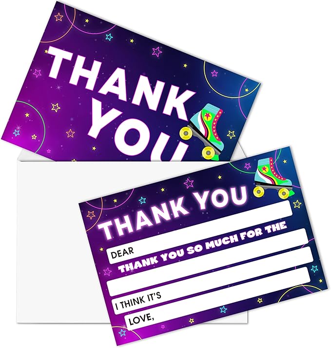 Roller Skating Kids Thank You Cards, Ice SkatingThank You Card For Neon Glow Birthday Party, Kids Birthday Cards Fill In The Blank, 20 Pack Greeting Cards With Envelopes For Boys Girls, 006