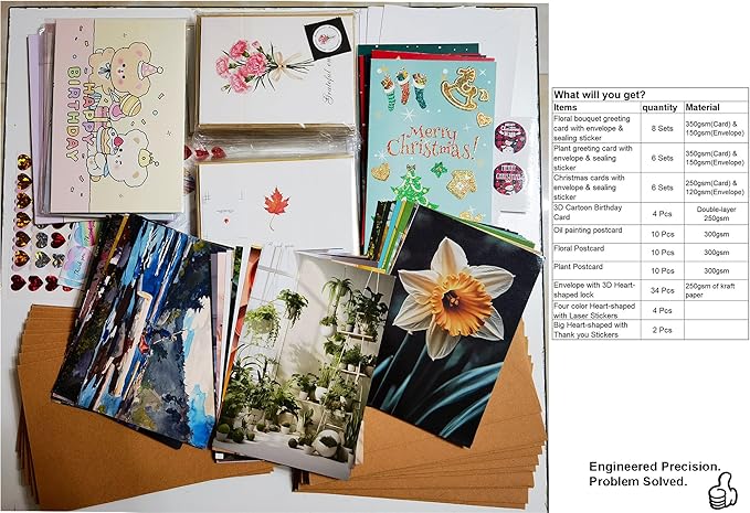 Family Greeting Cards Set 54-in-1, Art Postcards & DIY Stickers for handmade greeting cards set- Thank You, Christmas, 3D Pop-Up Birthday Cards for Mom/Dad/Kids + Floral & Landscape Postcards,350g Premium Paper, Reusable Envelopes (175x110mm)