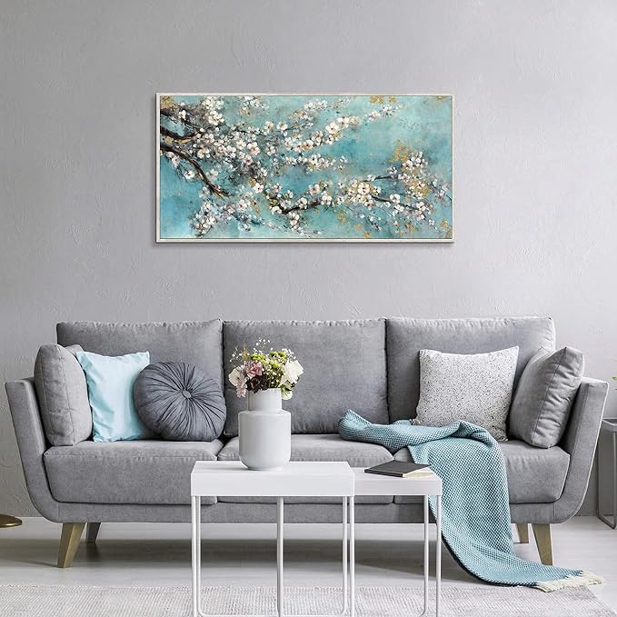 Abstract Flower Wall Art Framed: Dogwood Painting Hand Painted Artwork on Canvas with White Wood Grain Frame (48''W x 24''H,Multi-Sized)