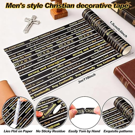 Janlaugh 24 Rolls Christian Washi Tape Gifts Bulk Religious Inspirational Scripture Supplies Bible Verse Tape for Bible Study Journaling Crafting Christmas Stocking Stuffers Gift(Black)