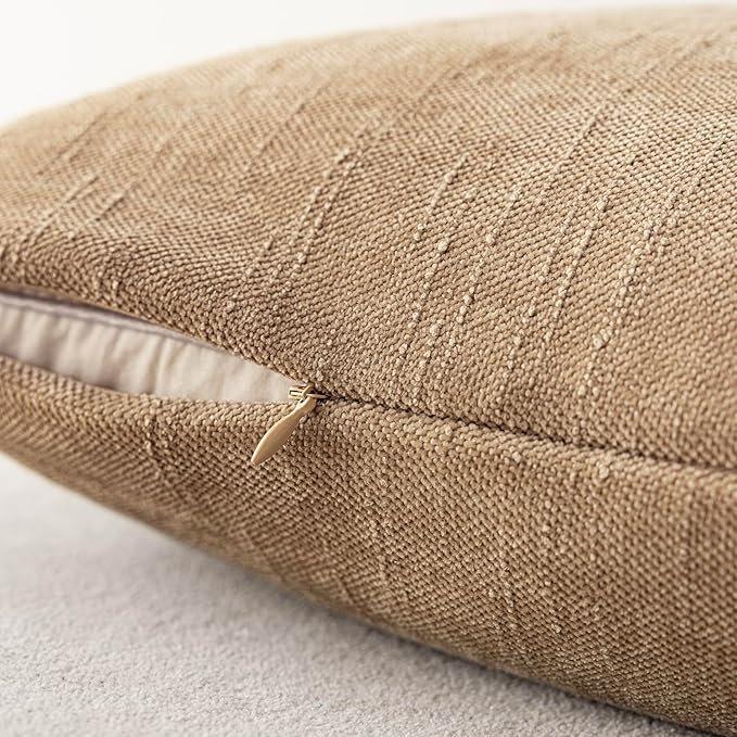 Foindtower Pack of 2 Textured Chenille Throw Decorative Pillow Covers Square Accent Solid Cushion Cover Neutral Farmhouse Pillow Case for Couch Sofa Bedroom Living Room 22x22 Inch,Taupe Khaki Camel