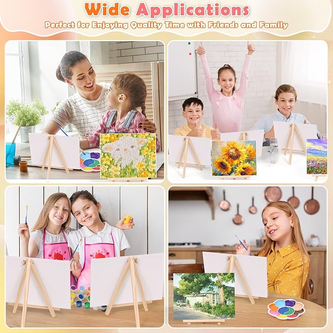 10Pack 8x10 Inch Canvas and Easel Set, Art Canvas Boards Bulk with Easel Stand, Mini Acrylic Paint & Brushes Set, Paint Trays, Sip and Paint Kit for Adults Kids Couples Day Night Paint Party