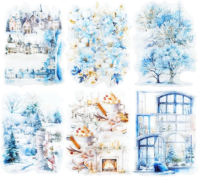 60Pcs Snow Country Winter PET Stickers, Large Landscape Stickers for Scrapbooking, DIY Crafts, Journaling, and Junk Journal Ephemera with Organizer