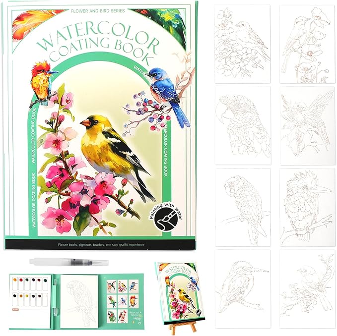 Breathly Creative Stress Relief Kit, 2026 New Paint Art Watercolor Books Painting Kit,Watercolor Coloring Book for Adults, DIY 3-Fold Watercolors Pad for Beginners and Enthusiasts (Flower and Bird)