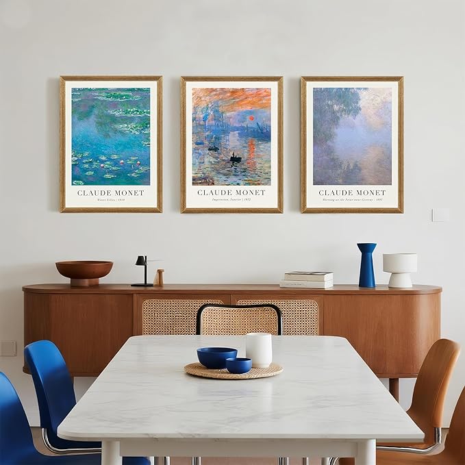 SYWENNOI 3 Pieces Wood Frames Vintage Canvas Wall Art, Claude Monet Impressionism Art Wall Decor, Minimalist Classic Botanical Designs Painting Prints for Living Room Bedroom Offices 16x24 Inch