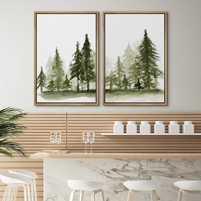 SIGNWIN Framed Wall Art Print Set Watercolor Dark Green Forest Pine Trees Nature Wilderness Illustrations Modern Art Rustic Relax/Calm Multicolor for Living Room, Bedroom, Office - 16"x24"x2 Natural