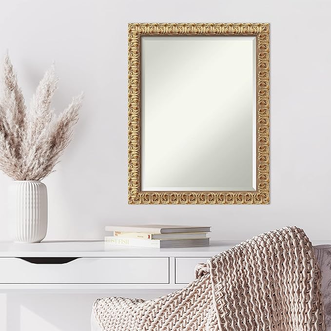 Amanti Art Gold Wall Mirror 27x21 Florentine Gold Rectangle Bathroom Mirror for Wall Decor Living Room, Medium Traditional Wood Frame, Hangs Horizonally and Vertically, Bathroom Decor, Beveled Edge