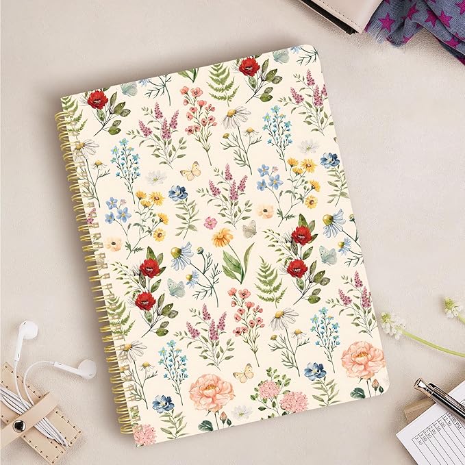 Cute Spiral Notebook journal A4 Aesthetic Pretty Design for Women Girls Kawaii with Pocket, 8.5 x 11 inch, Lined, Plant Flower