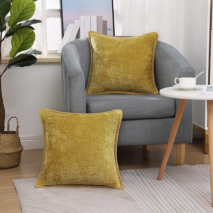 decorUhome Spring Chenille Soft Throw Pillow Covers 22x22 Set of 2, Farmhouse Velvet Neutral Decorative Euro Sham Pillow Covers with Stitched Edge for Couch Sofa Bed Home Decor, Mineral Yellow