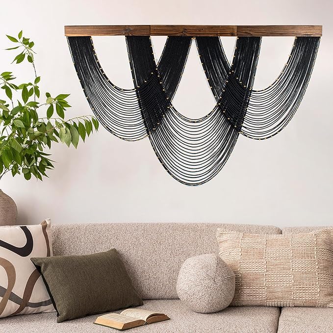 LB Large Macrame Wall Hanging Black, Boho Tapestry Wall Hanging Macrame Wall Art Handmade Yarn Woven Wall Art Modern Home Decor Headboard Wall Decor for Bedroom Living Room Dorm Nursery, 47x30 Inch