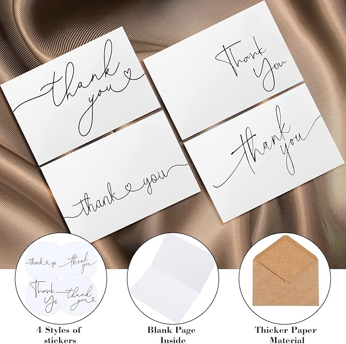 Teling 200 Set Thank You Cards with Envelopes Bulk, 6 x 4 Inch Blank Thank U Greeting Notes with Brown Kraft Envelopes Stickers Thankyou Card Set for Graduation Wedding Birthday Baby Shower(White)