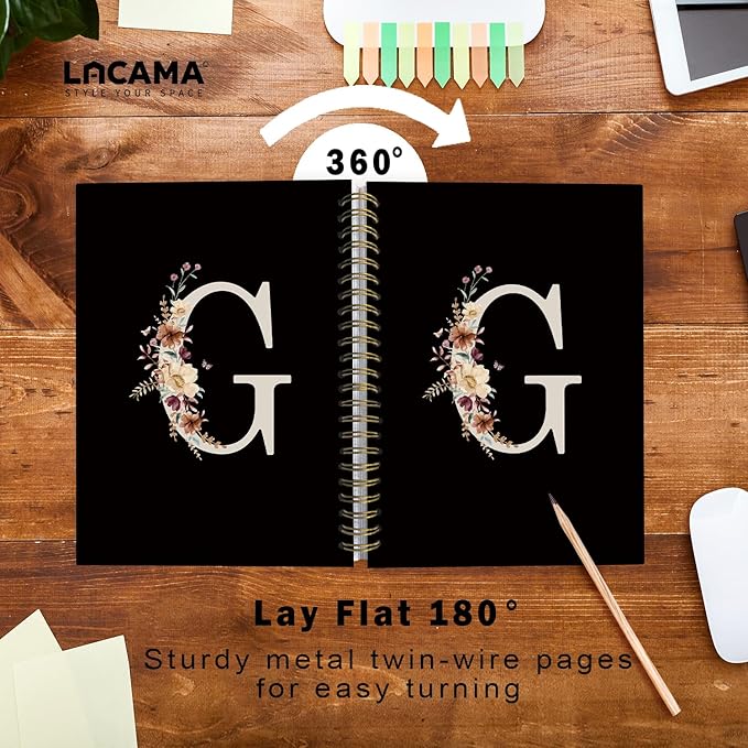 Lacama Black Initial Letter G School Notebook Journal, Cute Wildflower Personalized Spiral Notebook, School Supplies, Customized Monogrammed Gifts, Birthday Gifts for Women, Office Supplies