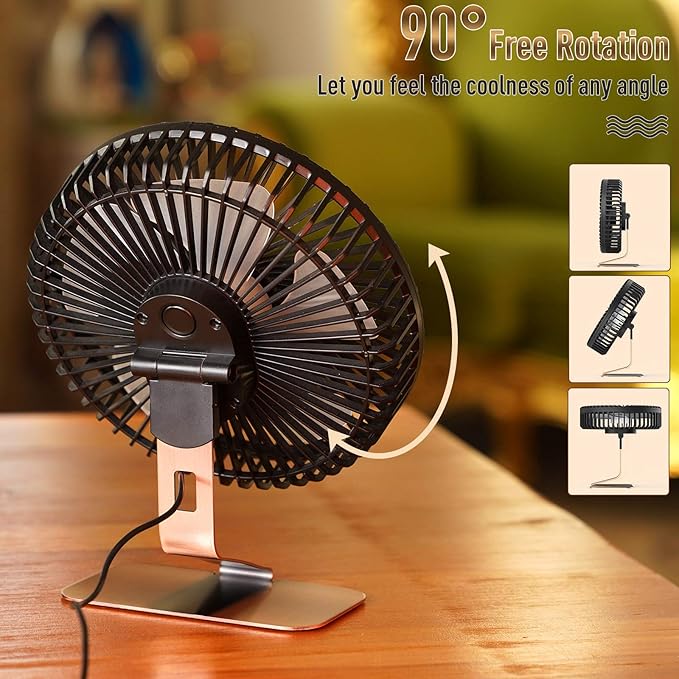 SLENPET 6 inch USB Desk Fan, 4 Speeds, Ultra-quiet, 90° Adjustment for Better Cooling, Portable Mini Powerful Desktop Table Fan, Small Personal Fan for Home Office, Metal Base, Bronze