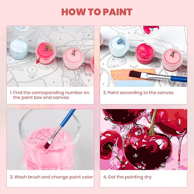 MXJSUA Cherry Framed Paint by Numbers for Adults Beginners, Easy Adults' Paint-by-Number Kits on Canvas with Easel, Cherry Acrylic Number Painting Crafts Kits Gifts for Home Decor, 8x10inch