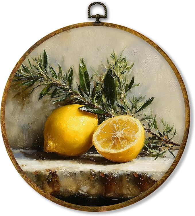 Hiuwevt Farmhouse Lemon Round Wall Art Decor, Vintage Rustic Lemon Framed Canvas Prints, Cottagecore Country Fruit Botanical Round Wall Hanging Decor for Kitchen Dining Home Decorations, 10x10 Inches