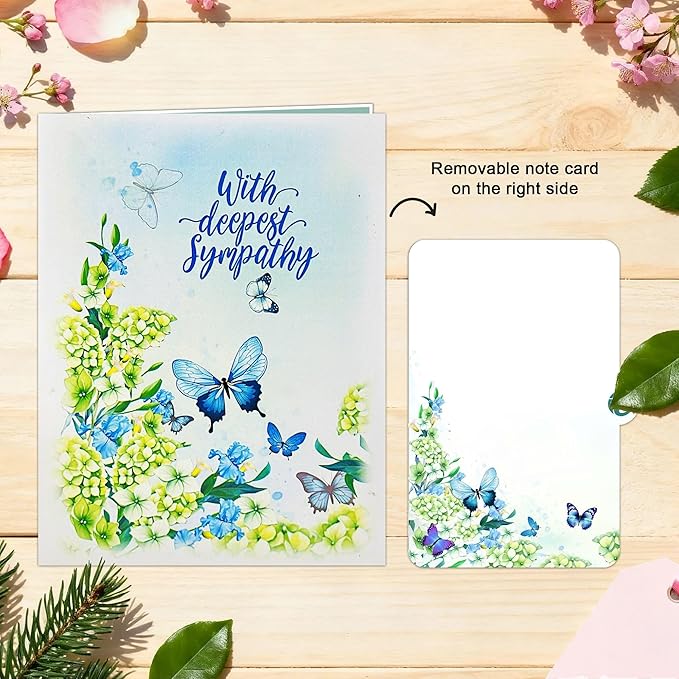 Sympathy 3D Pop-Up Card Hydrangea Flowers and Butterflies, Handmade Paper Condolence Card with Notecard and Envelope, Large Pop Up Greeting Card for Loss of Loved One, Mother, Father, Friend