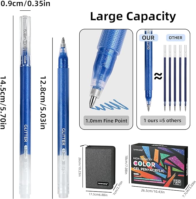 120 Color Gel Pens for Adult Coloring Books,1.0mm Fine Point Acrylic Gel Pens,Glitter Colored Gel Pens Set,Large Capacity Artist Maker Pens for Drawing Doodling Journaling, Art Supplies and DIY Crafts