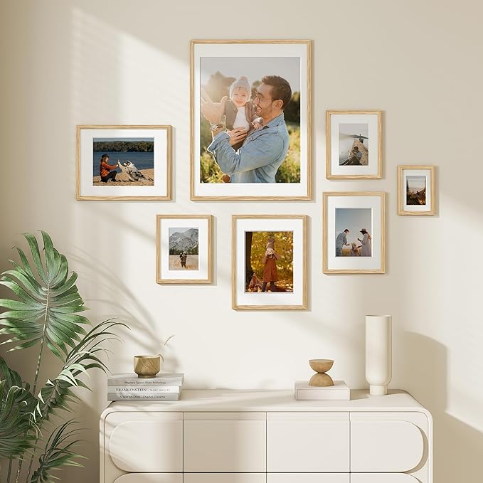 Dreamland 5x7 Picture Frame Set of 3, Solid Oak Wood Photo Frame with Mat for 4x6, 5 x 7 Matted Picture Frames with Resistant Plexiglass for Wall Mounting or Tabletop, Oak Color