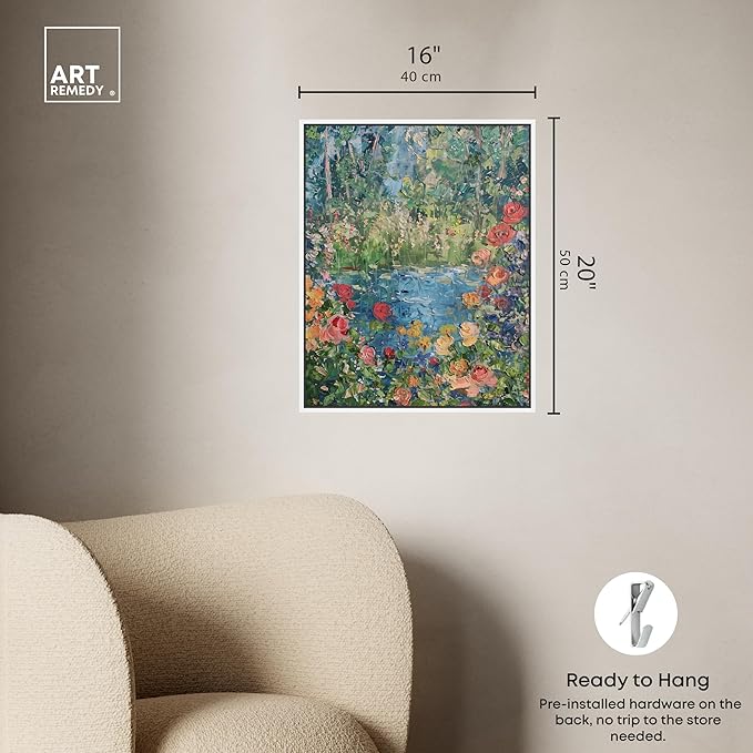 Art Remedy Serene Escape Framed Impressionism 1 Piece Canvas Wall Art/Monet And Van Gogh Inspired Art, 17" x 21", White Frame