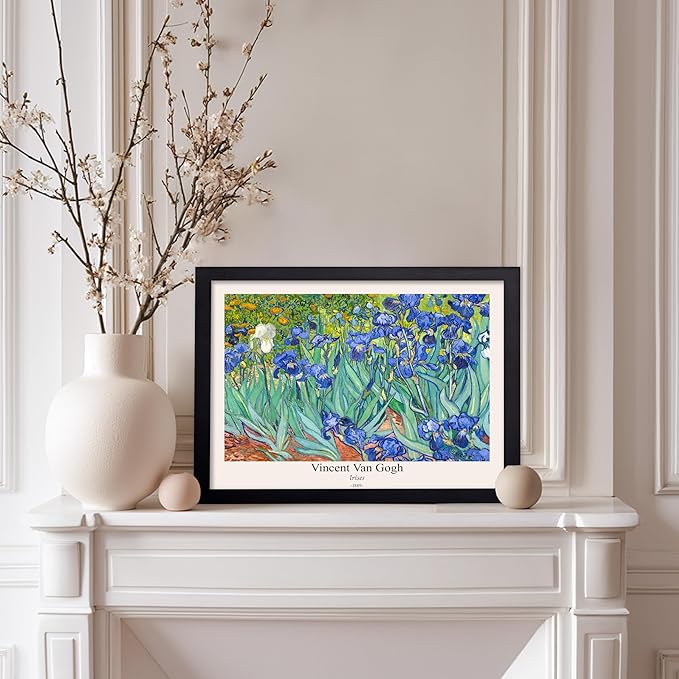Monem Art Vintage Van Gogh Poster - Retro Irises Print - Impressionism Art - Floral Art - Fine Art - Flower Art - Classic Painting Art - Aesthetic Living Room Wall Decor - 11x14 Black Framed