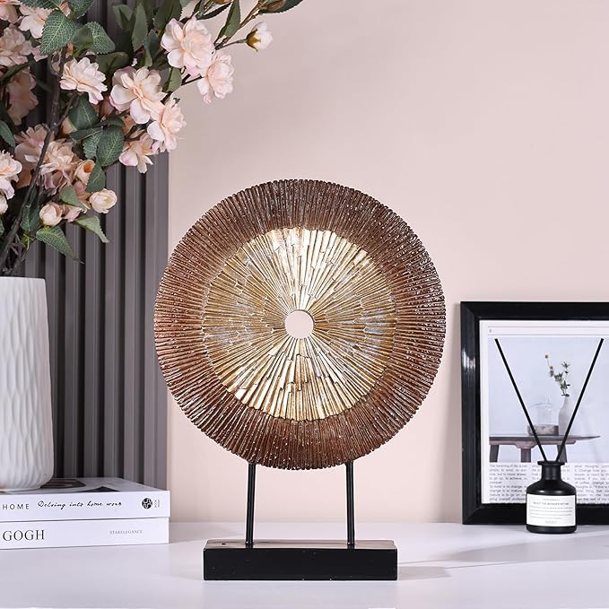 oliruim 12" Tall Abstract Brown Gold Round Sculpture - Unique Wood Color Home Decoration for Above Cupboard Decor, Living Room Coffee Table, Console, Office, Entrance, Table Centerpieces (Brown Gold)
