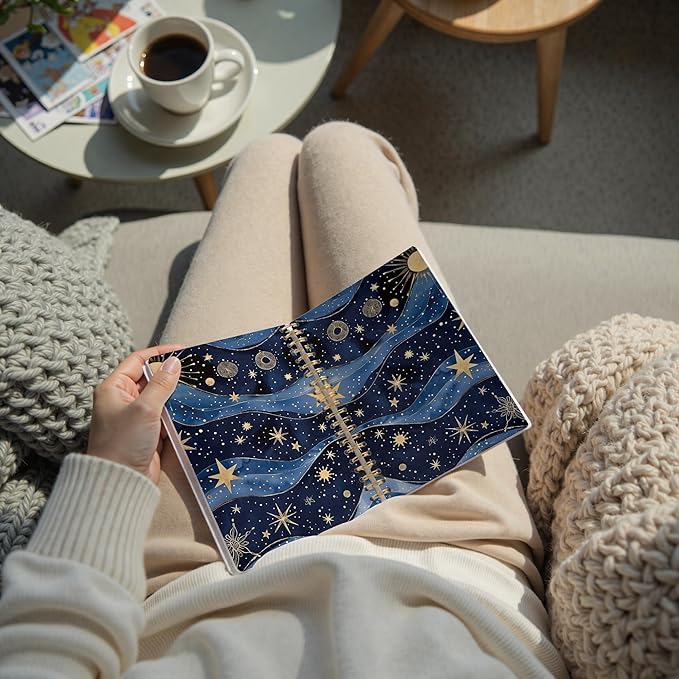 Fantasy Starry Night Sky Space Notebook, Blue and Gold Celestial Sun Star Galaxy Journal, Spiral Notebook Journal, 5.5x8.3 Inch