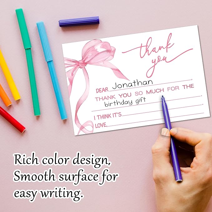 Bow Kids Thank You Cards, Pink Thank You Card For Baby Shower Birthday Party Wedding Bridal, Kids Birthday Cards Fill In The Blank, 20 Pack Cute Greeting Cards With Envelopes For Boys Girls, 014