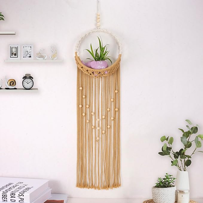 LB Brown Macrame Wall Hanging Holder, Bohemian Macrame Wall Art for Bedroom,Boho Handmade Woven Hanging Plant Shelf Toy Displays Organizer for Living Room Nursery Office 9.84" W x 35.43" L