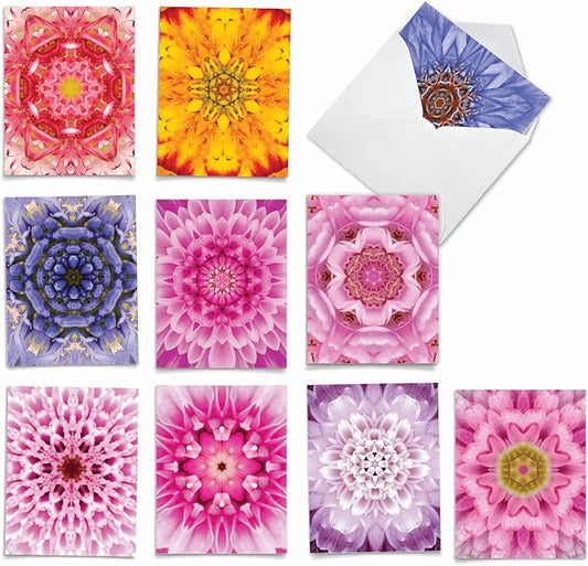 The Best Card Company - 10 Assorted Flower Cards Blank (4 x 5.12 Inch) - All Occasion Floral Greetings Boxed - Bloomoscopic M6033
