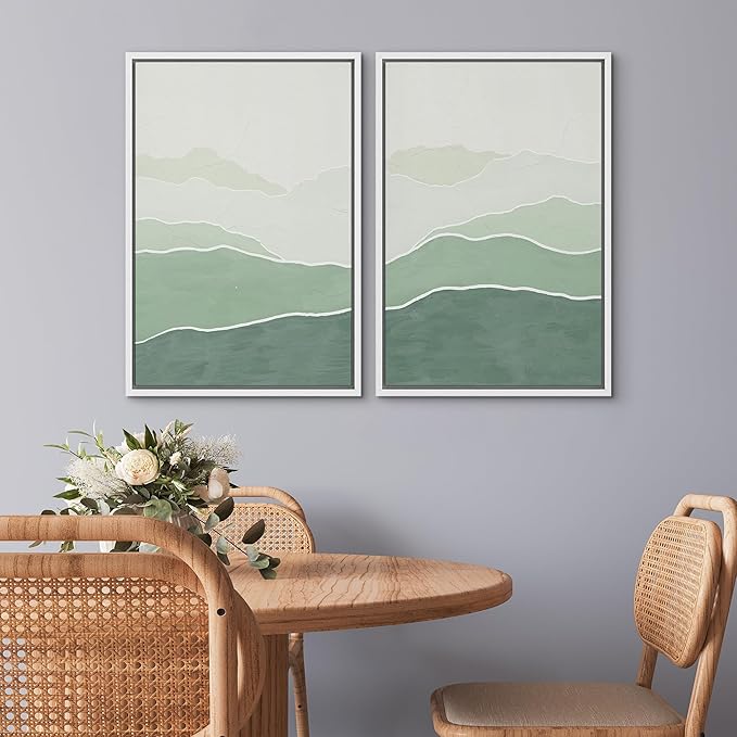 SIGNWIN Framed Wall Art Print Set Green Gradient Wave Landscapes Abstract Shapes Illustrations Modern Art Bohemian Relax/Calm Multicolor for Living Room, Bedroom, Office - 16"x24"x2 White