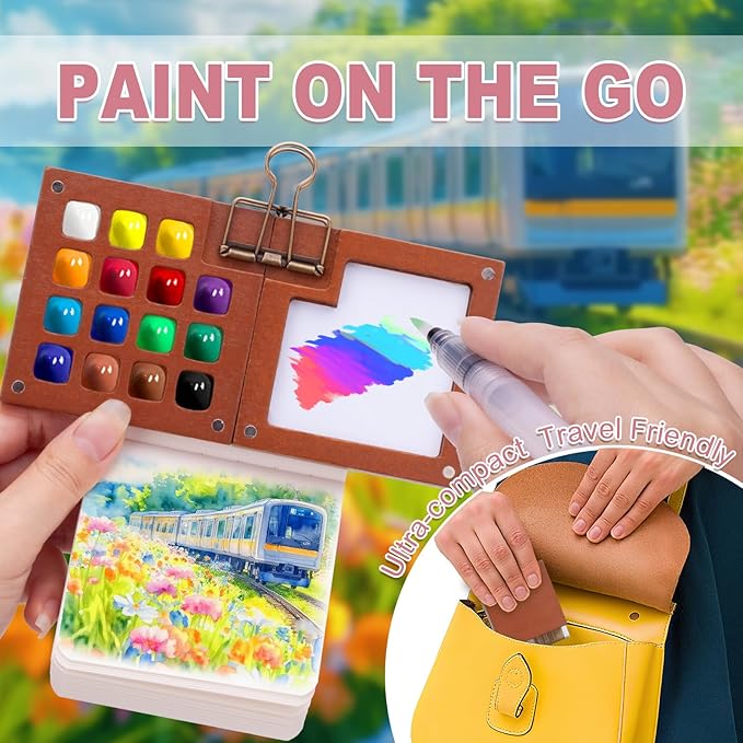 Mini Watercolor Travel Set, Tiny Watercolor Paint Set, Portable Mini Paint Kit with Walnut Wooden Box, SketchBook, Pen, Clip, Pocket Water Color Travel Kit for Painters Artists (24 Color, 15 Grids)