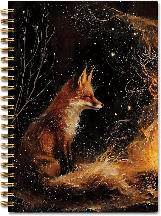 Vintage Fox by the Campfire Notebook, Fox Lover Gifts, Mystical Enchanted Forest Wild Animal Journal, Camping Nature Lovers Gifts Spiral Notebook Journal, 5.5x8.3 Inch