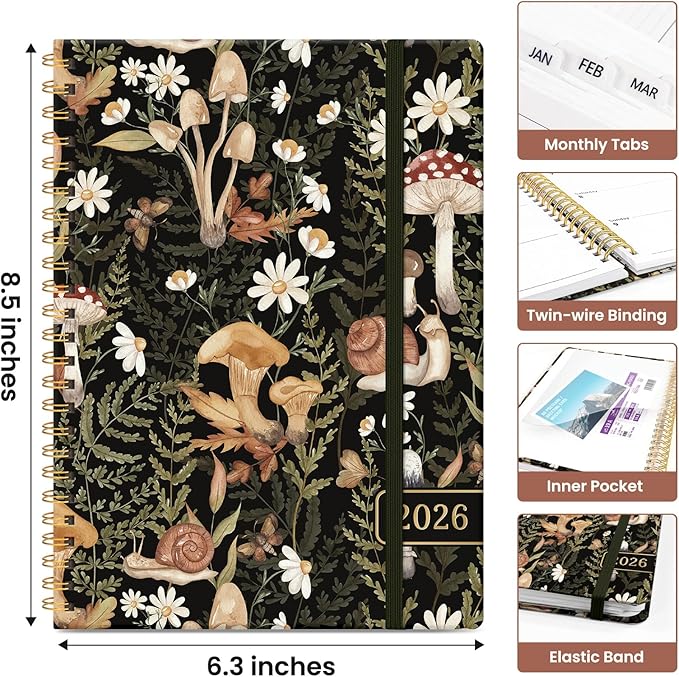 2026 Planner, Monthly and Weekly Calendar Planner for Women, Jan 2026 - Dec 2026, Hardcover Pretty 2026 Agenda Planner Book with Tabs, Spiral Bound, Perfect for School Office Home Supplies, 6.3" x 8.5" - Mushroom