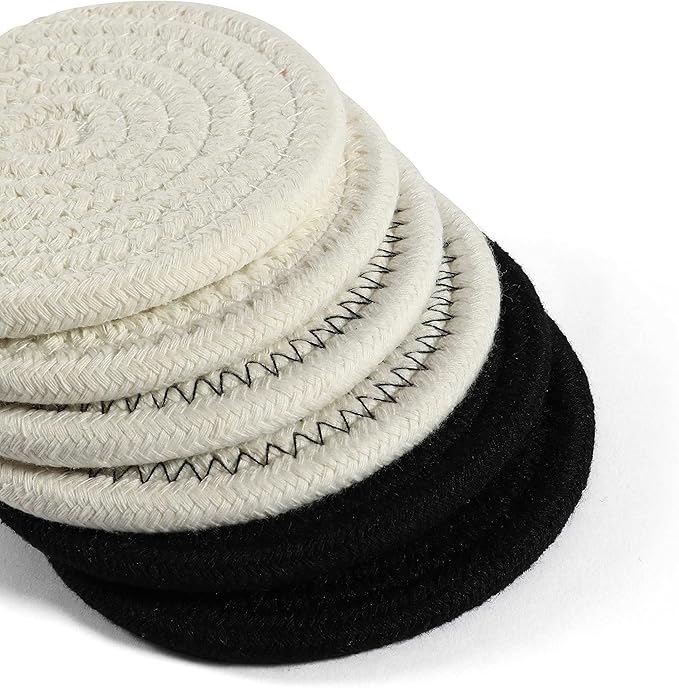 OrganiHaus Drink Coasters Set of 6, Absorbent Cotton Woven Cup Coasters, Rustic Farmhouse Boho Decor for Coffee Table and Drinks Protection, Cute Coaster for Drinks - Black/Off-White