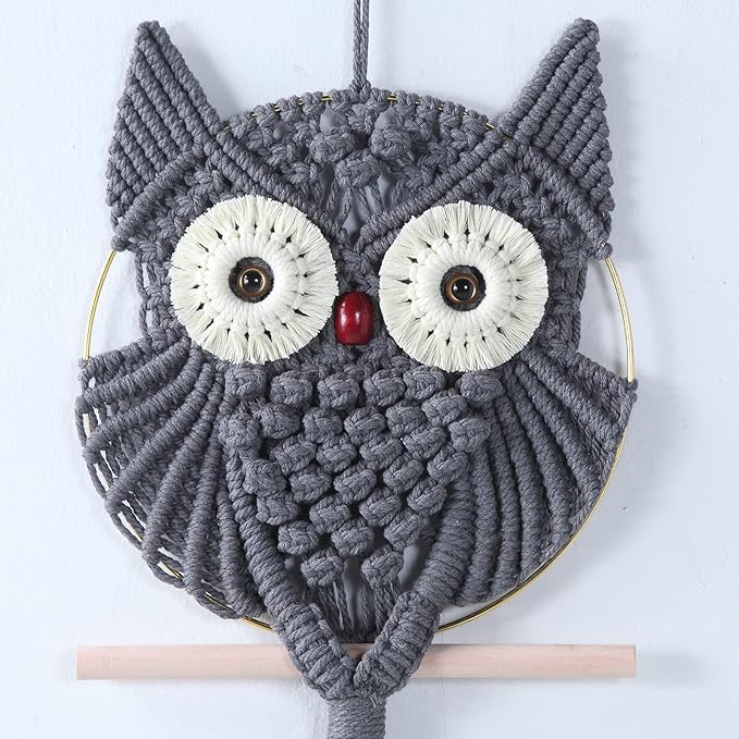 MVSUTA Owl Grey Cotton Handmade Macrame Wall Hanging Tapestry Home Decor Art and Gray Craft Wonderful Woven Boho Ornament for Office Bedroom Apartment Living Nursery Gallery,1pc Middle size:9.8" W x