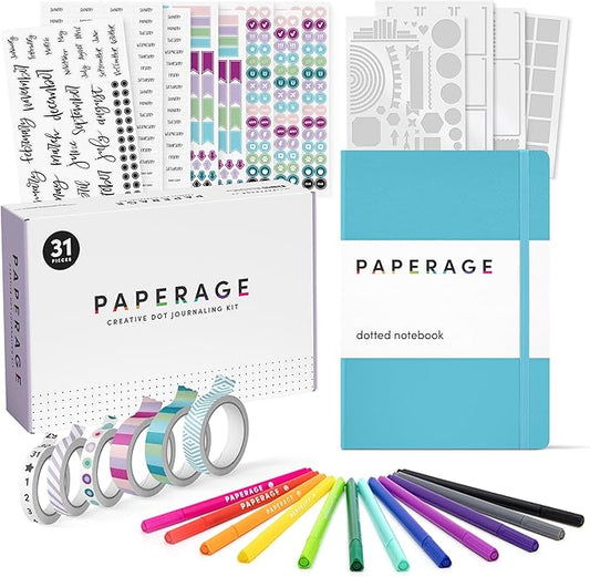 PAPERAGE Bullet Style Journal Kit, Dotted Journaling Set & Stationary Kit, Hardcover Dotted Journal Notebook (Sky Blue), 12 Fineliner Pens, 8 Sticker & 4 Stencil Sheets, 6 Washi Tapes