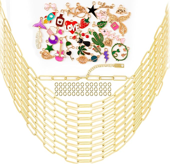 10PCS 18K Gold Plated Stainless Steel 20Inch Paperclip Charm Necklace for Women with 37PCS Alloy Charms Gold Paperclip Charm Necklace Chain Bulk Heart Feather Cat Love Necklaces