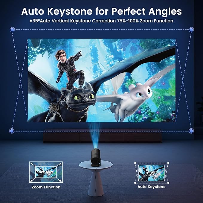 Mini Portable Projector with WiFi and Bluetooth,Support Movie Projector 1080P HD,Auto Keystone Correction,180° Rotatable,Compatible with TV Stick, HDMI, USB, Smartphone, Laptop (Black)